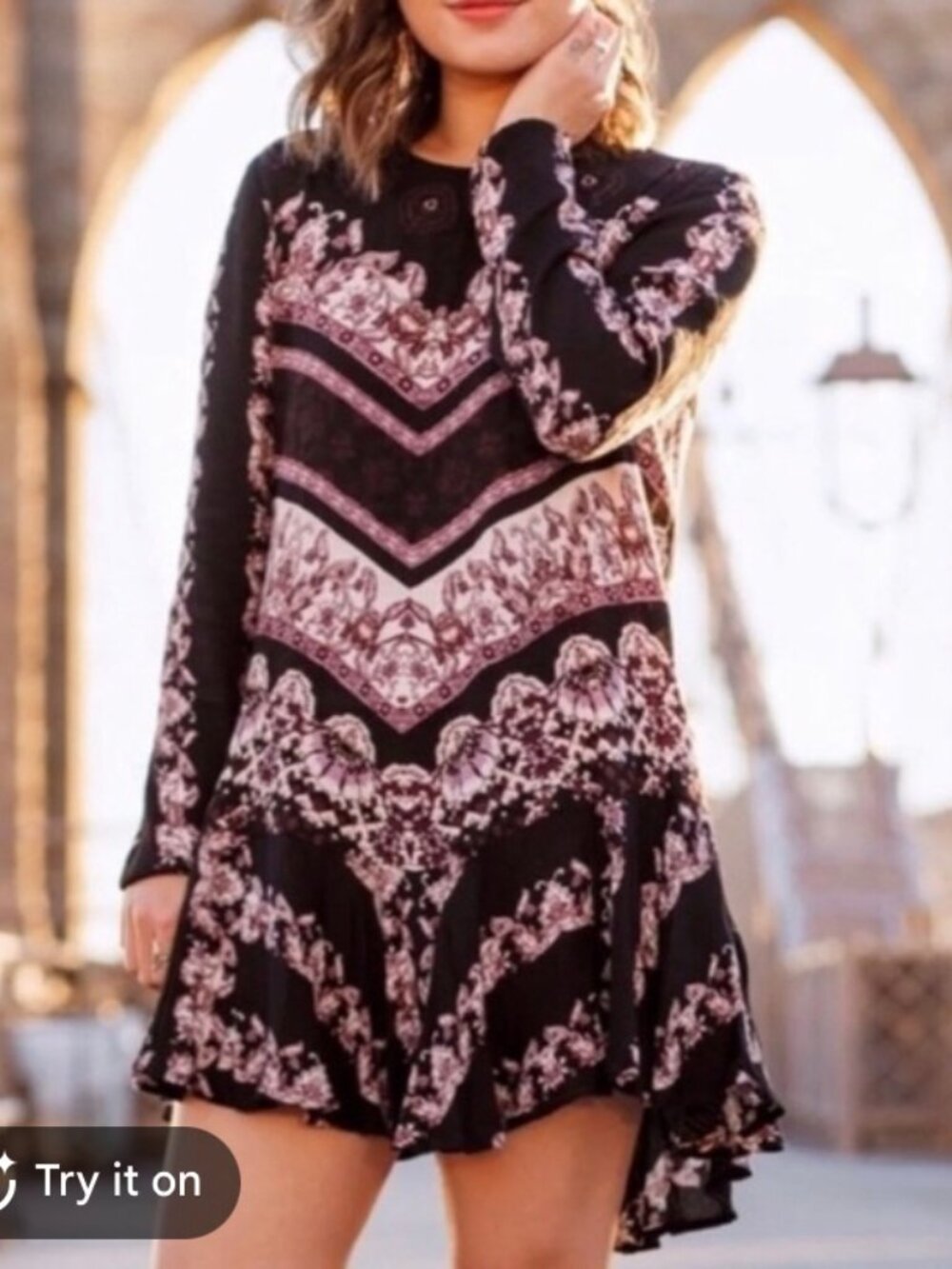 Free People Smooth Talker Black Boho Paisley Print Long Sleeve Mini Dress XS